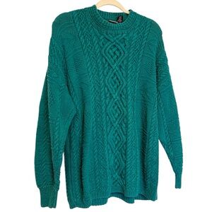 Vtg Paul et Duffier Green Teal Cable Knit Sweater Cozy 90s Y2K Grandpa Large